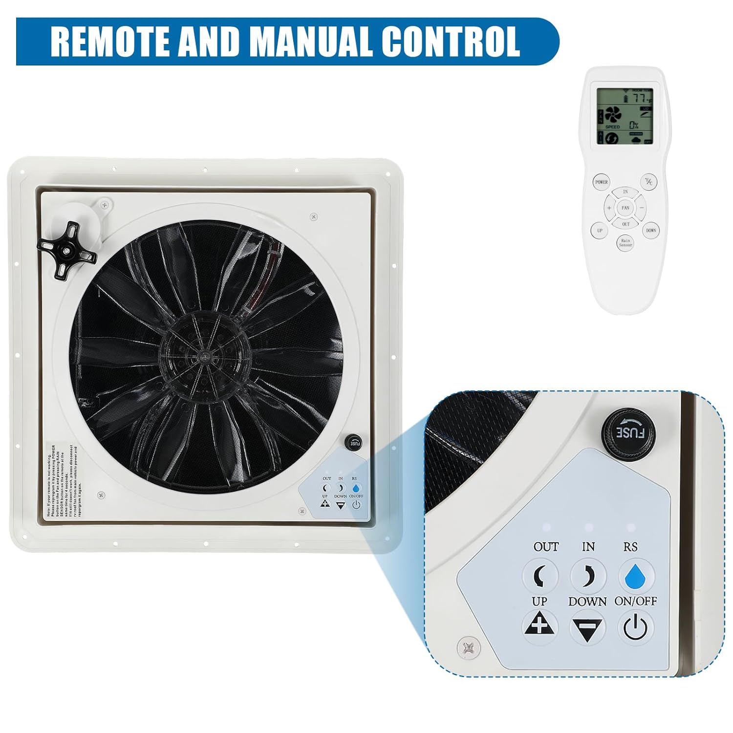 OUTPRIZE RV Roof Vent Fan, 12V Remote Control 14" Quiet Smart RV Roof Fan with Rain Sensor, 10-Speed, Reversible